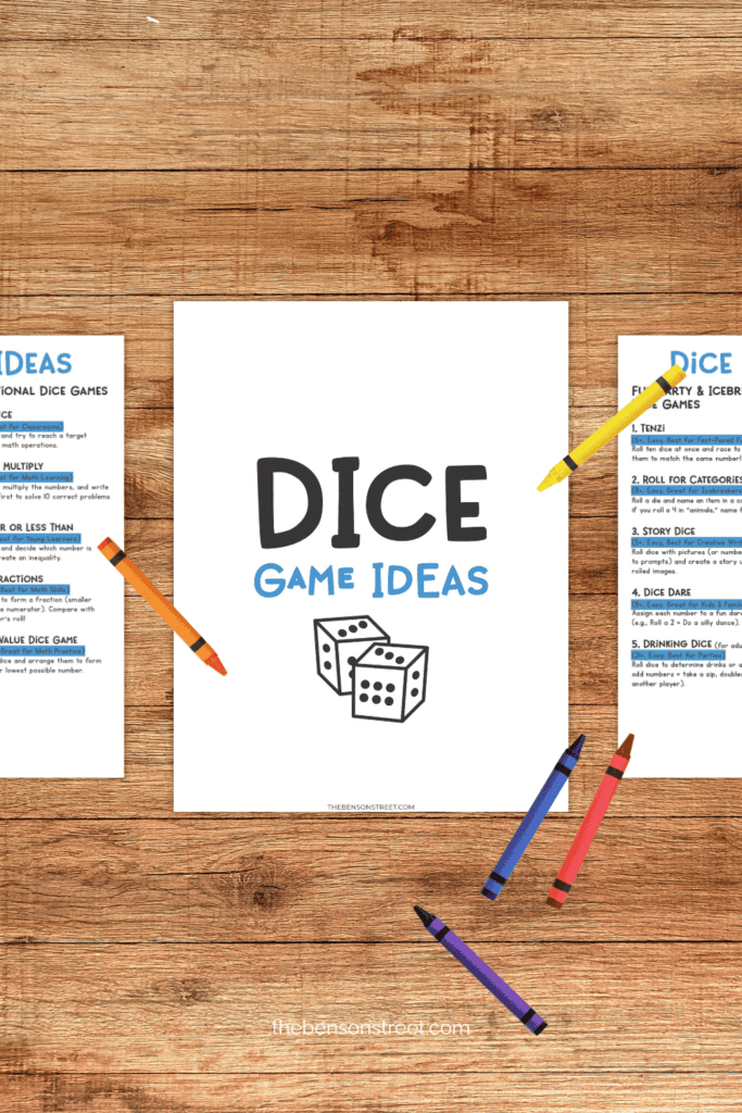 Three pages of printable Dice game pages for families