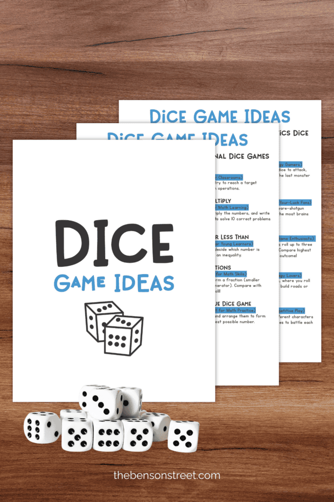 Three pages of printable Dice game pages for families
