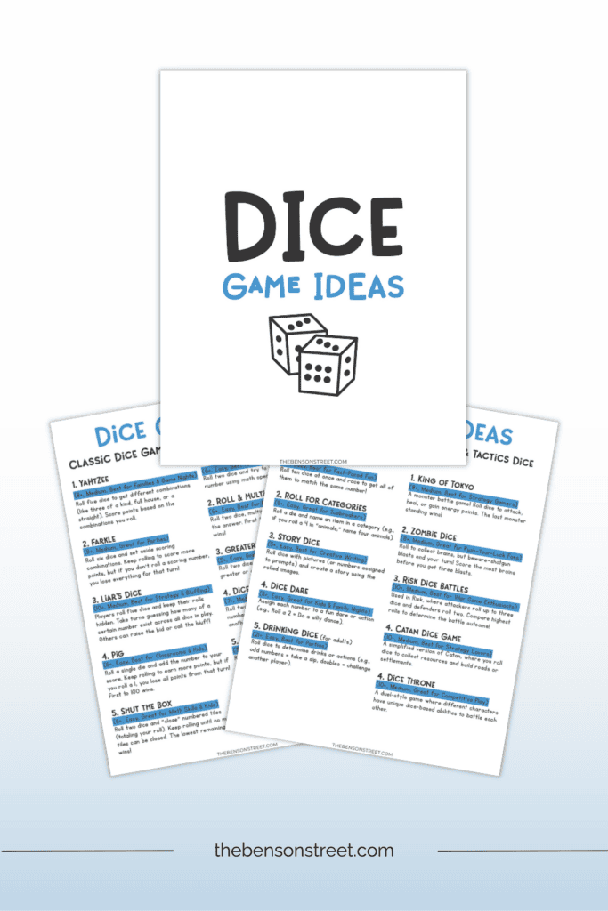Three printable sheets of dice game ideas for kids, families, and more