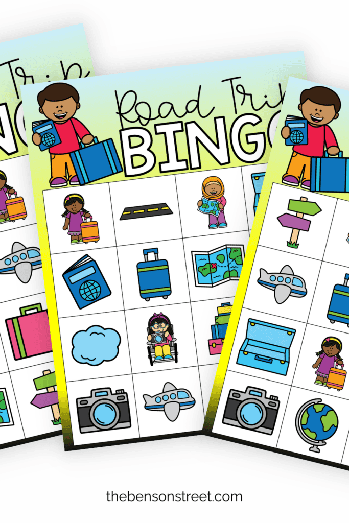 Three road trip themed bingo boards in a fanned out stack 