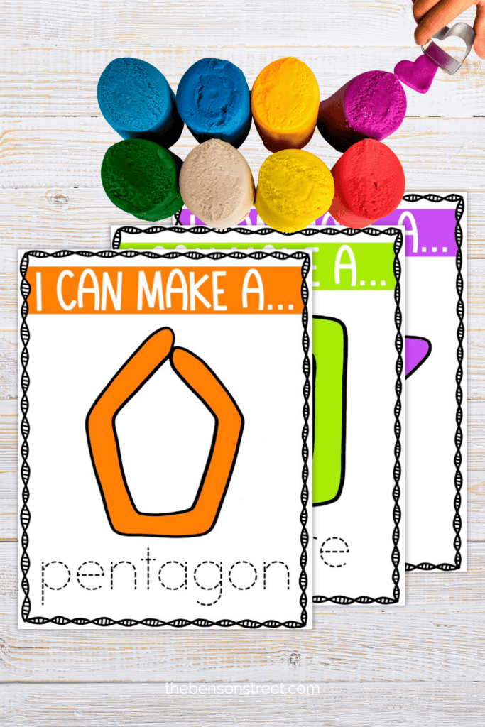 Three shape playdoh mats with playdough to create the shapes