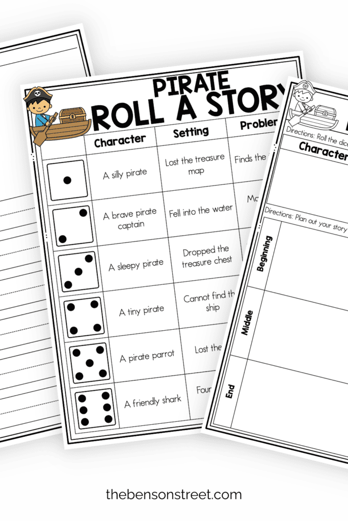 Three sheets in a free printable roll a story pirate themed stack of pages