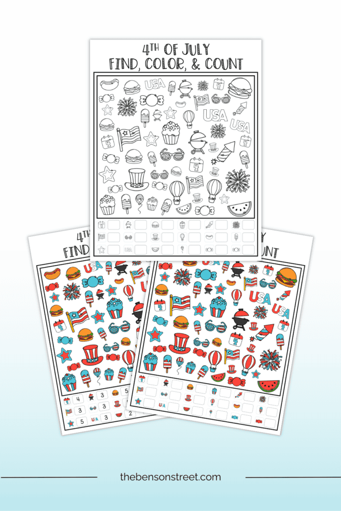 Three sheets of a printable activity for patriotic 4th of july fun