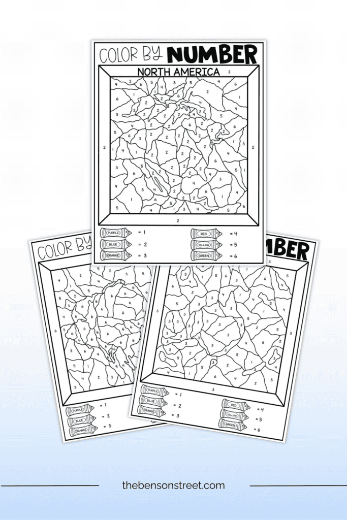 Three sheets of color by number pages with coloring keys featuring different continents