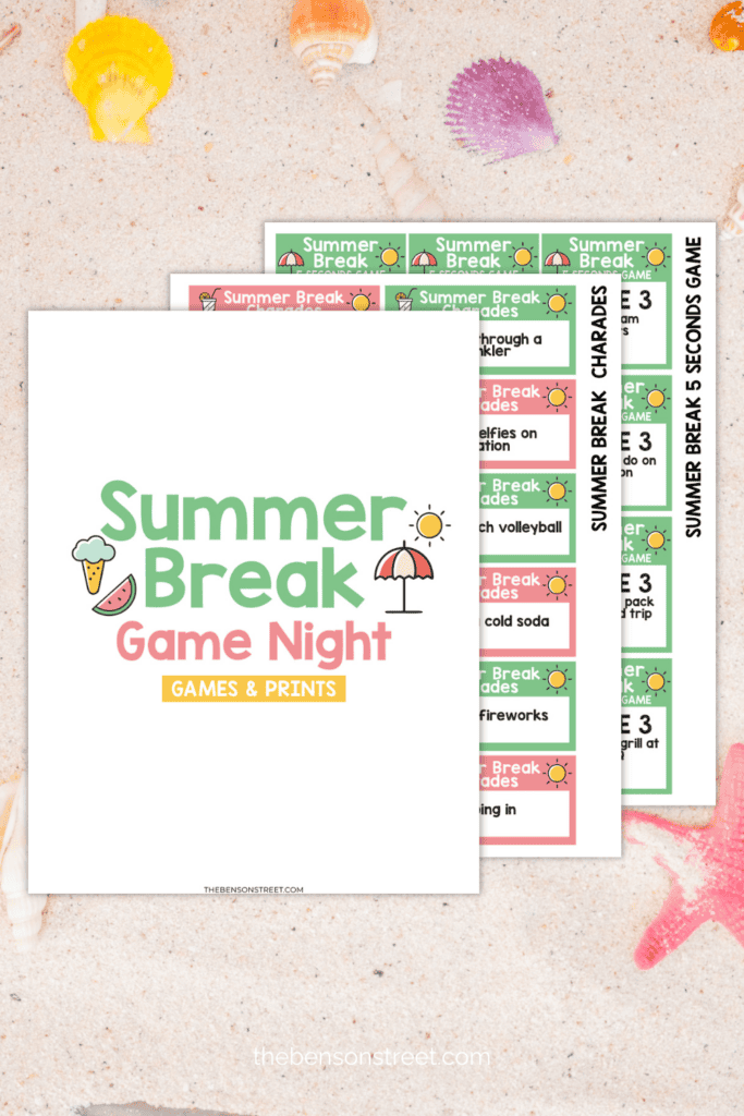 Three sheets of summer break game night prints on a sandy beach
