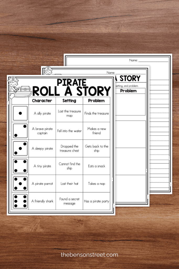 Three sheets with printables for writing a story about a pirate with a dice rolling activity