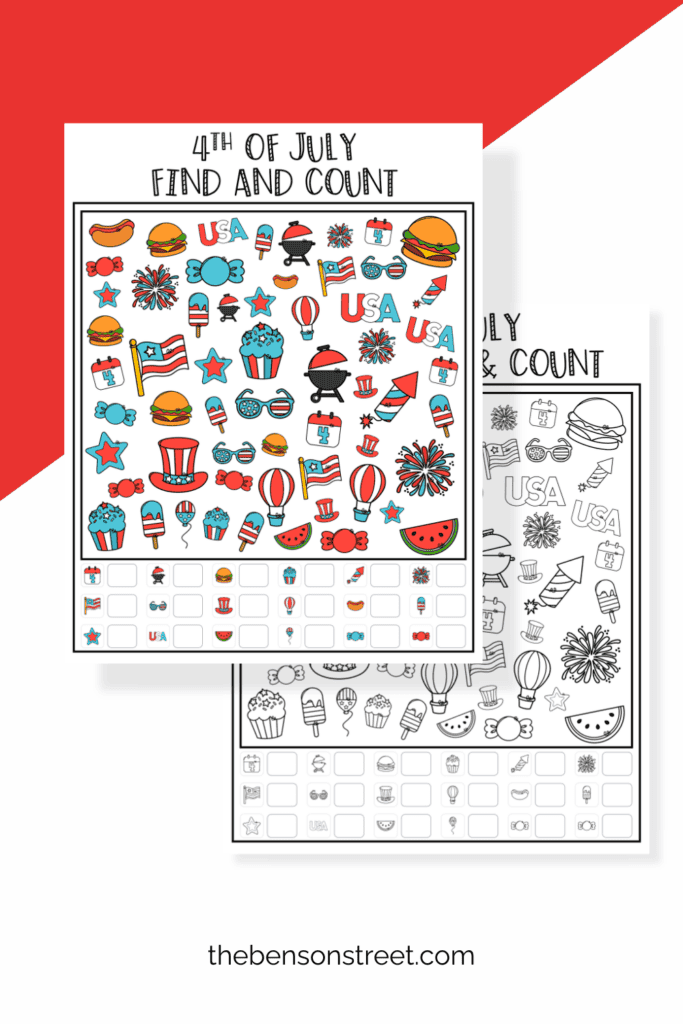 Two pages of i spy pages to color and find for independence day 