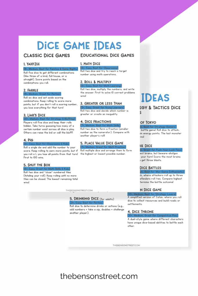 Two printed sheets of Dice Game Ideas