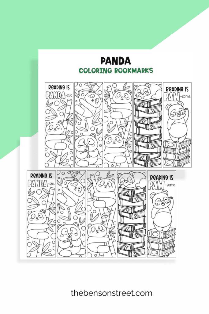 Two sheets of black and white bookmarks to color with panda bears