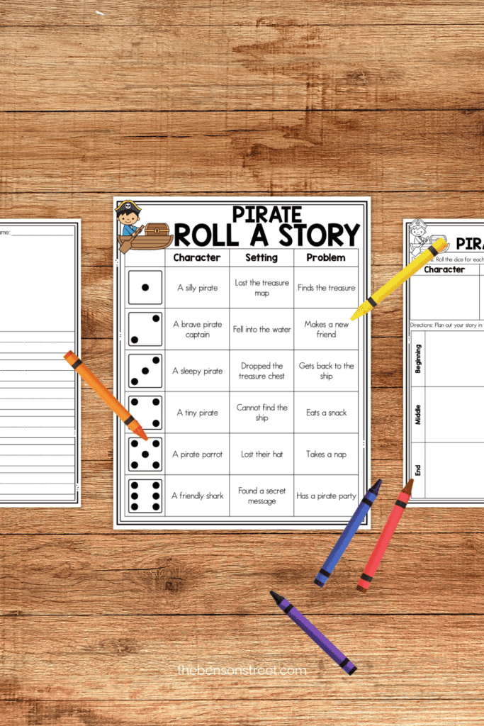Write a pirate story with a dice rolling activity with crayons on top