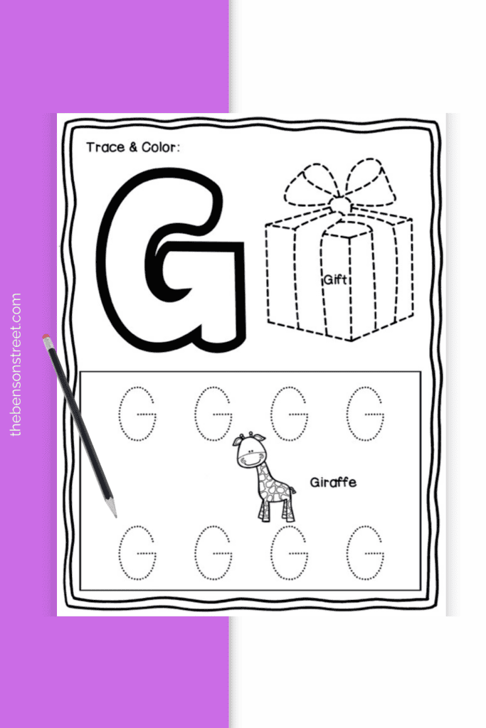 A G Uppercase letter trace page with letters and pictures to color in and trace