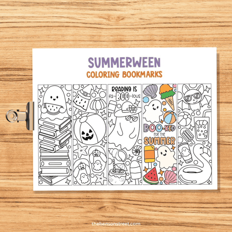 A clipboard with summer halloween coloring bookmarks with one colored in