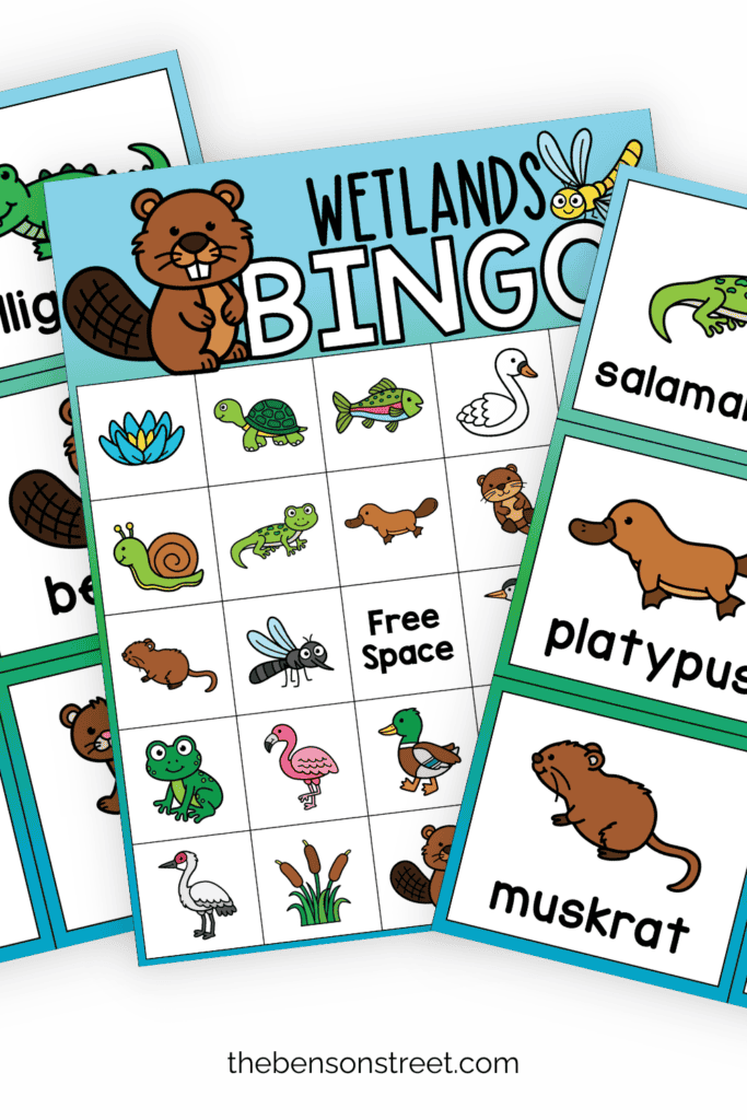 A fanned out stack of printable wetland bingo game boards and calling cards