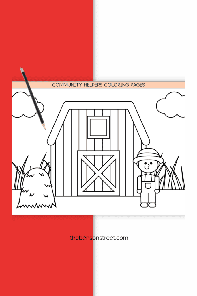 A farmer with barn community helper coloring page