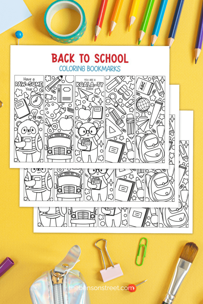 A free printable coloring bookmarks for back to school featuring school supplies