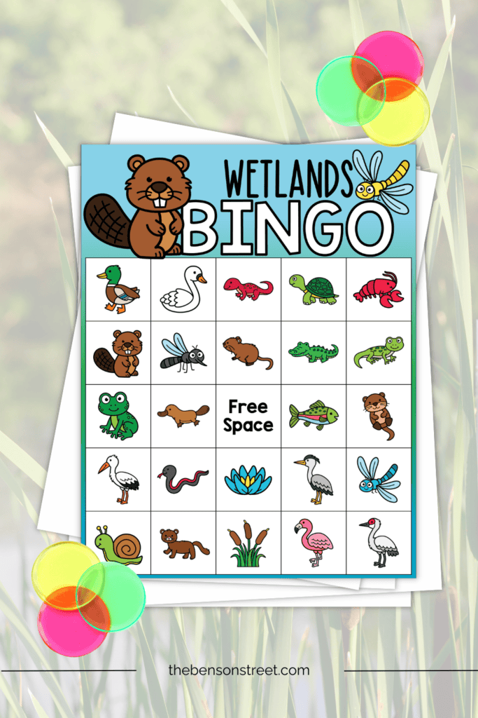 A free wetland bingo board with bingo chips