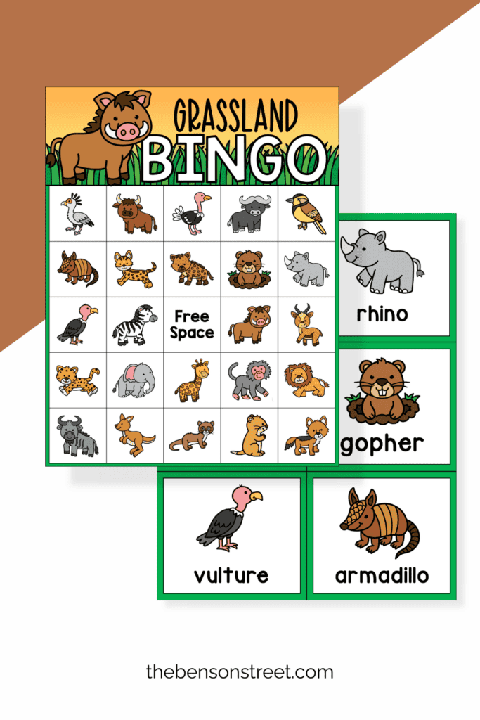 A grasslands bingo board and calling cards with grassland animals