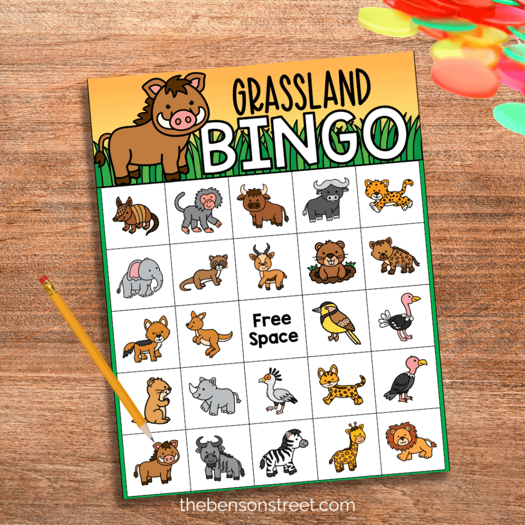 A grasslands bingo game with a pencil and bingo chips by it