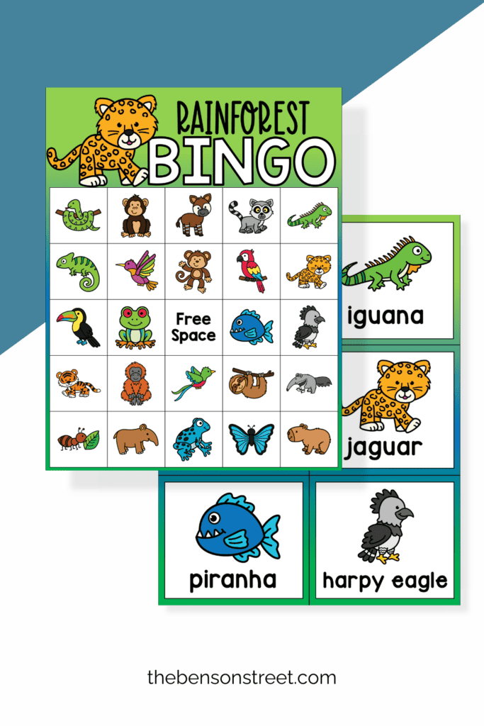 A rainforest bingo board and animal calling cards
