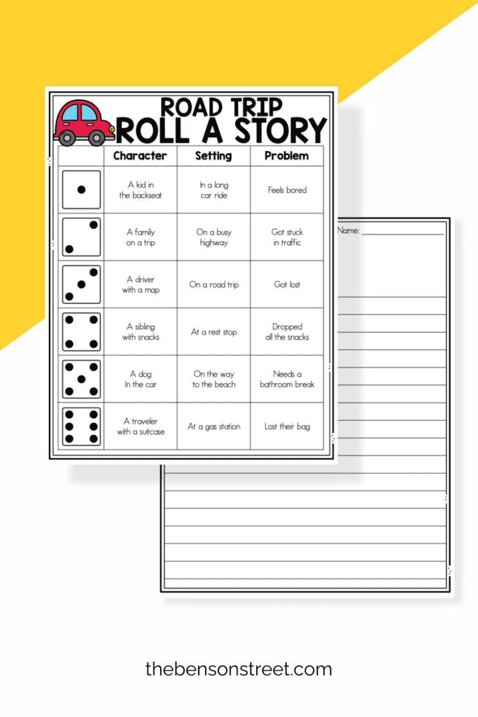 A road trip roll a story sheet with a lined writing page behind it