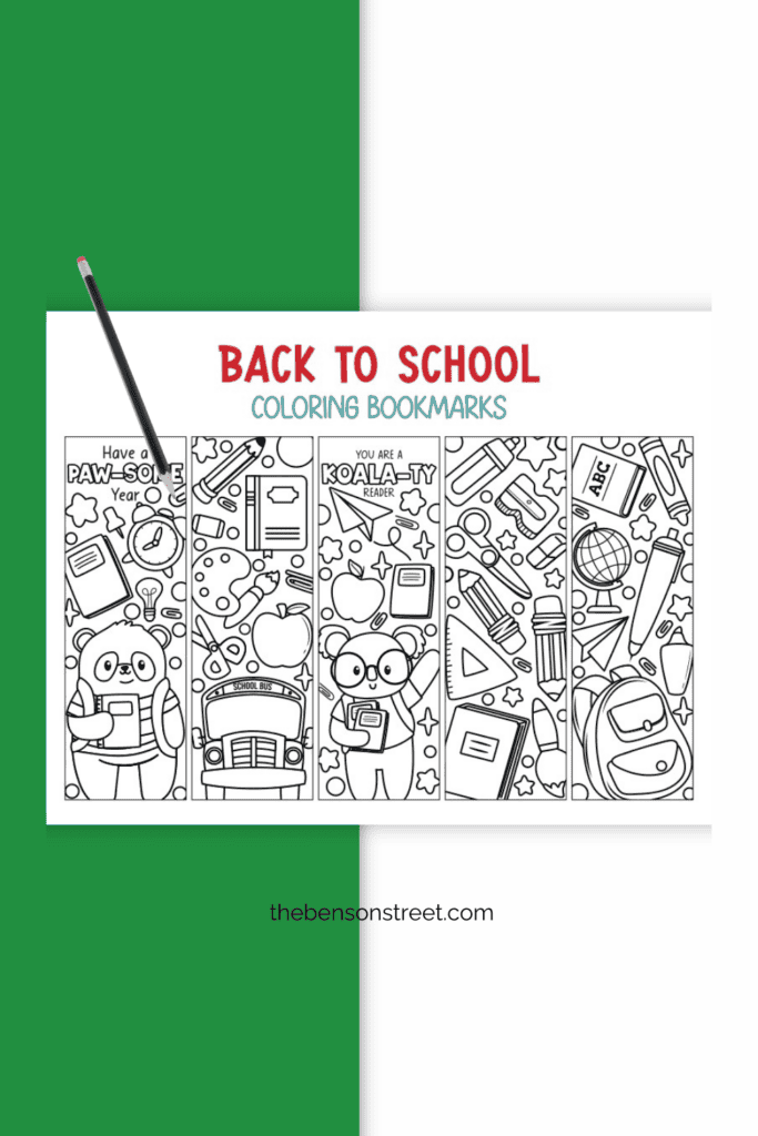 A sheet of five different bookmarks to color with a school theme and a pencil on top