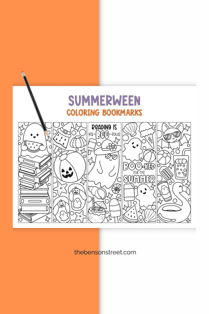 A sheet of fun summery Halloween coloring bookmarks with a pencil on top