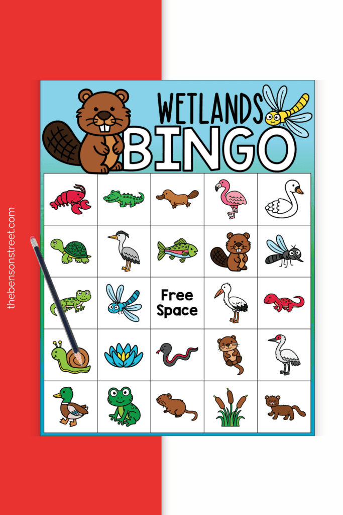 A wetlands bingo board with pencil on top