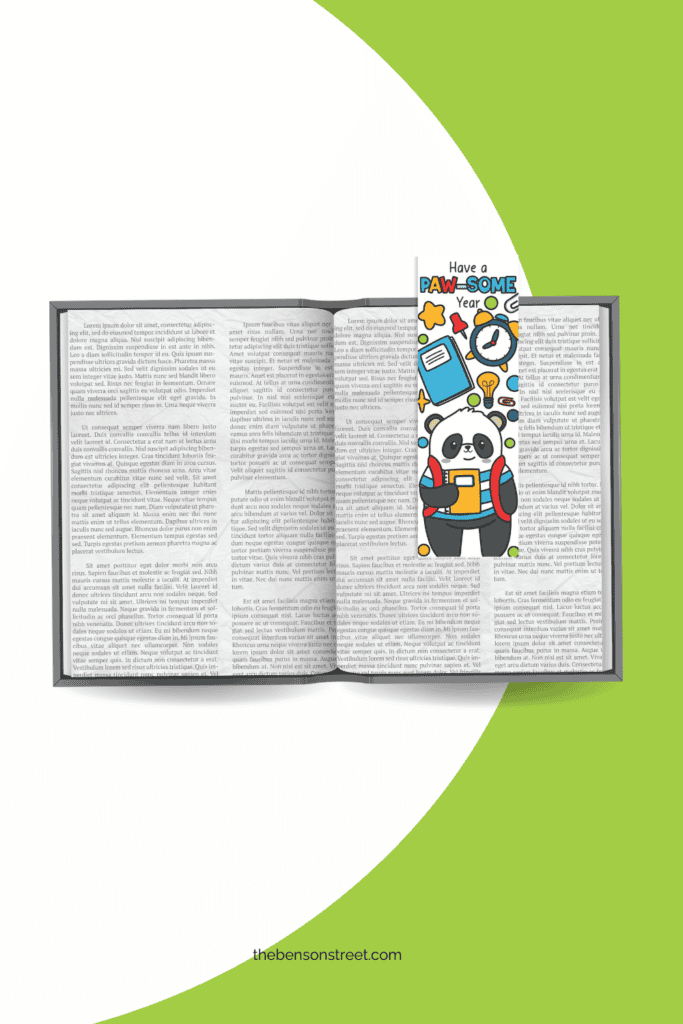 An open book with a back to school panda bear to color on it