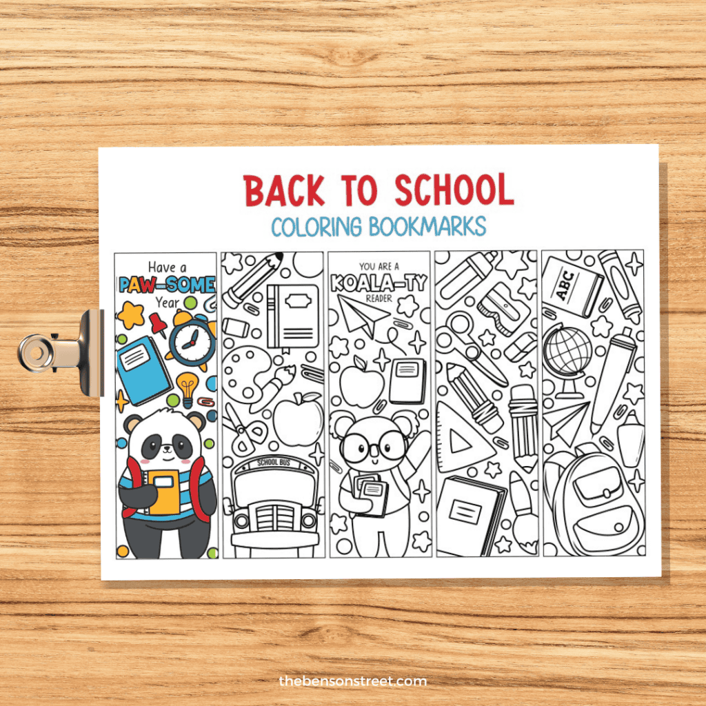 Back to School Coloring Bookmarks on a clip with one bookmark colored in