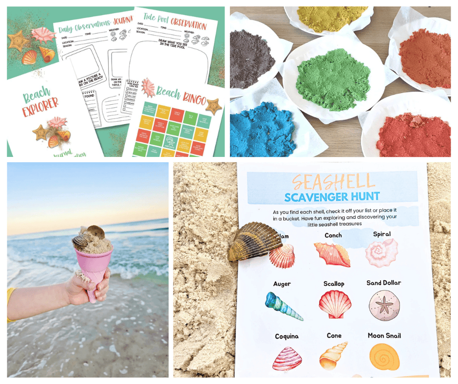 Beach Activities for Kids collage of different crafts and games for the beach