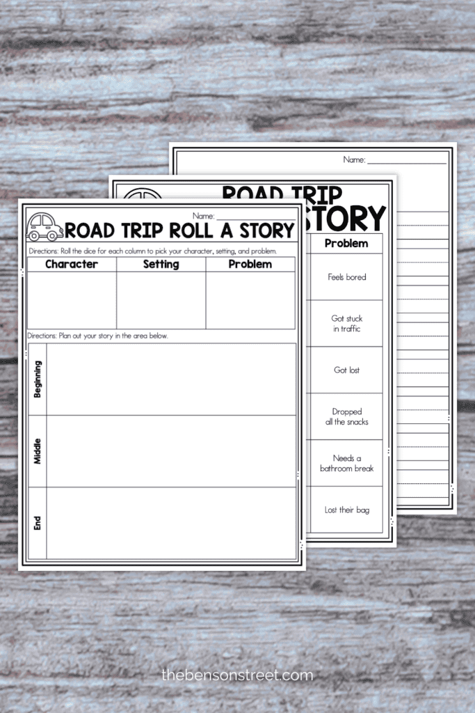 Creative writing sheets for a road trip story