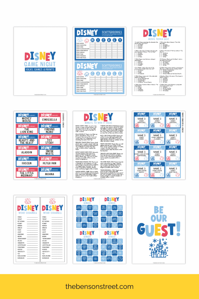 Different pages in a free printable bundle of disney themed party games for kids and families