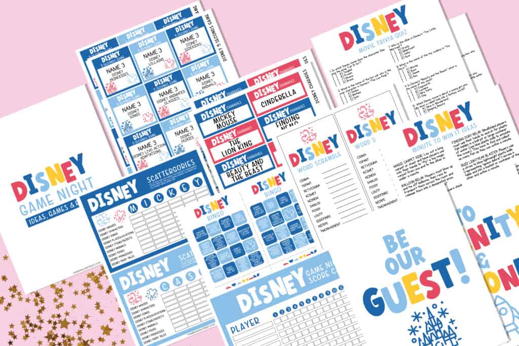Flat lay of different sheets in a disney party games bundle free to print