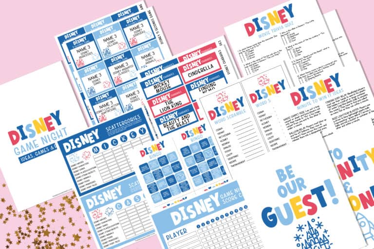 Flat lay of different sheets in a disney party games bundle free to print