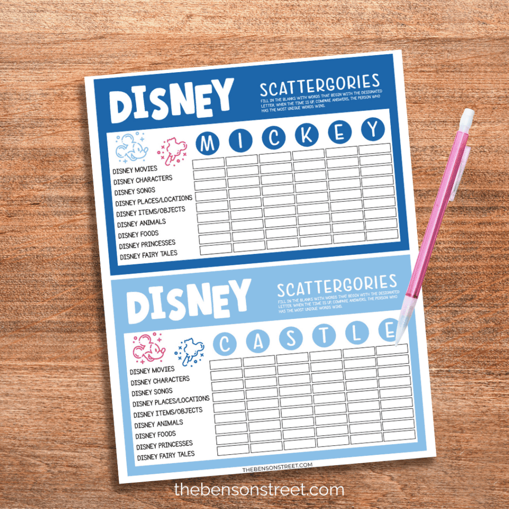 Disney Scattergories with a pencil on top