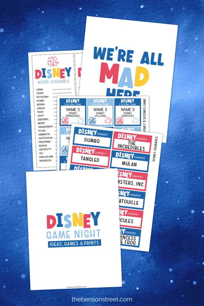Five different printed out sheets in a free printable bundle of Disney Themed party games