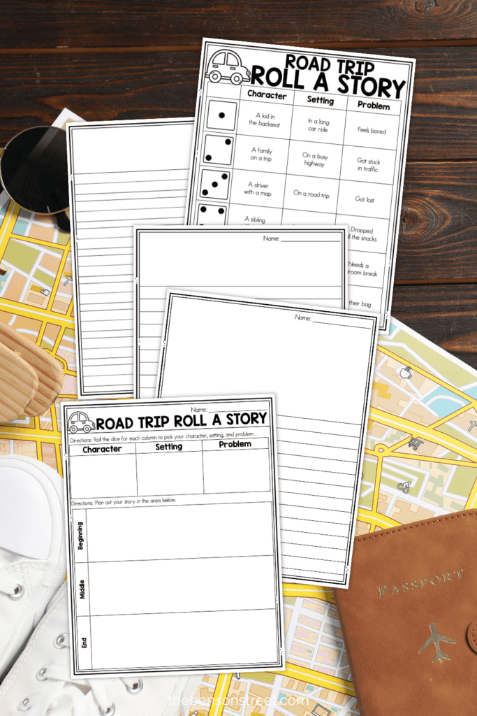 Five pages from a road trip story writing activity for kids free to print