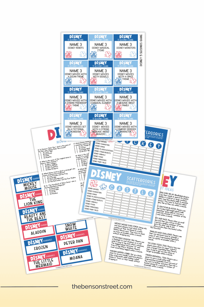 Five sheets of printable disney themed games for adults and families