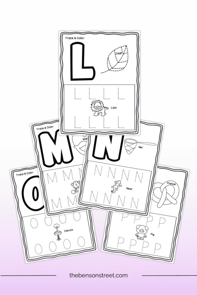 Five sheets of uppercase letter trace pages for kids