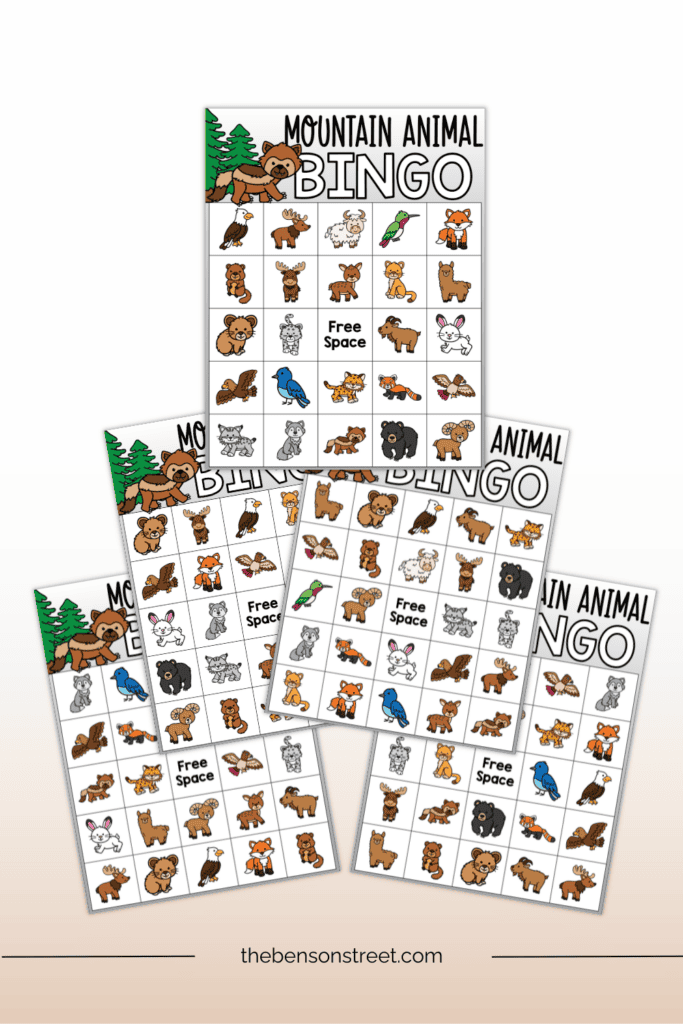 Five unique bingo boards for a game of mountain animal bingo free printable