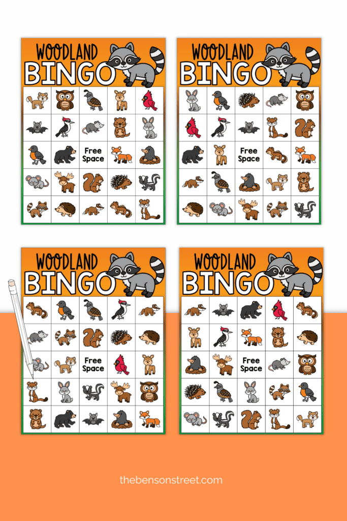 Four Free Printable Woodland Bingo Boards with a pencil on top