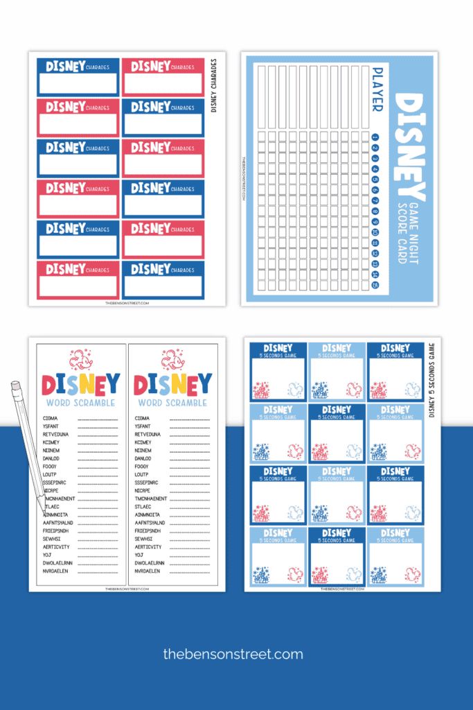 Four pages of printable games and scoresheet for a disney game night