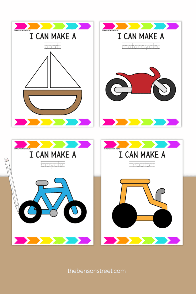 Four sheets of playdough mats featuring modes of transportation