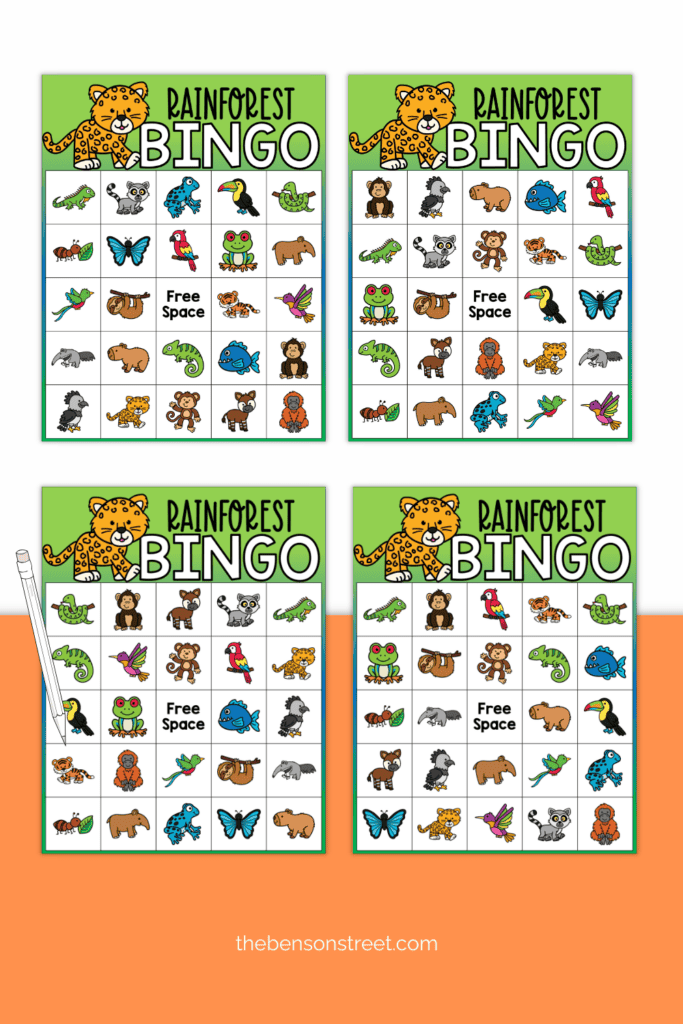Four unique bingo boards with rainforest animals on the bingo spaces