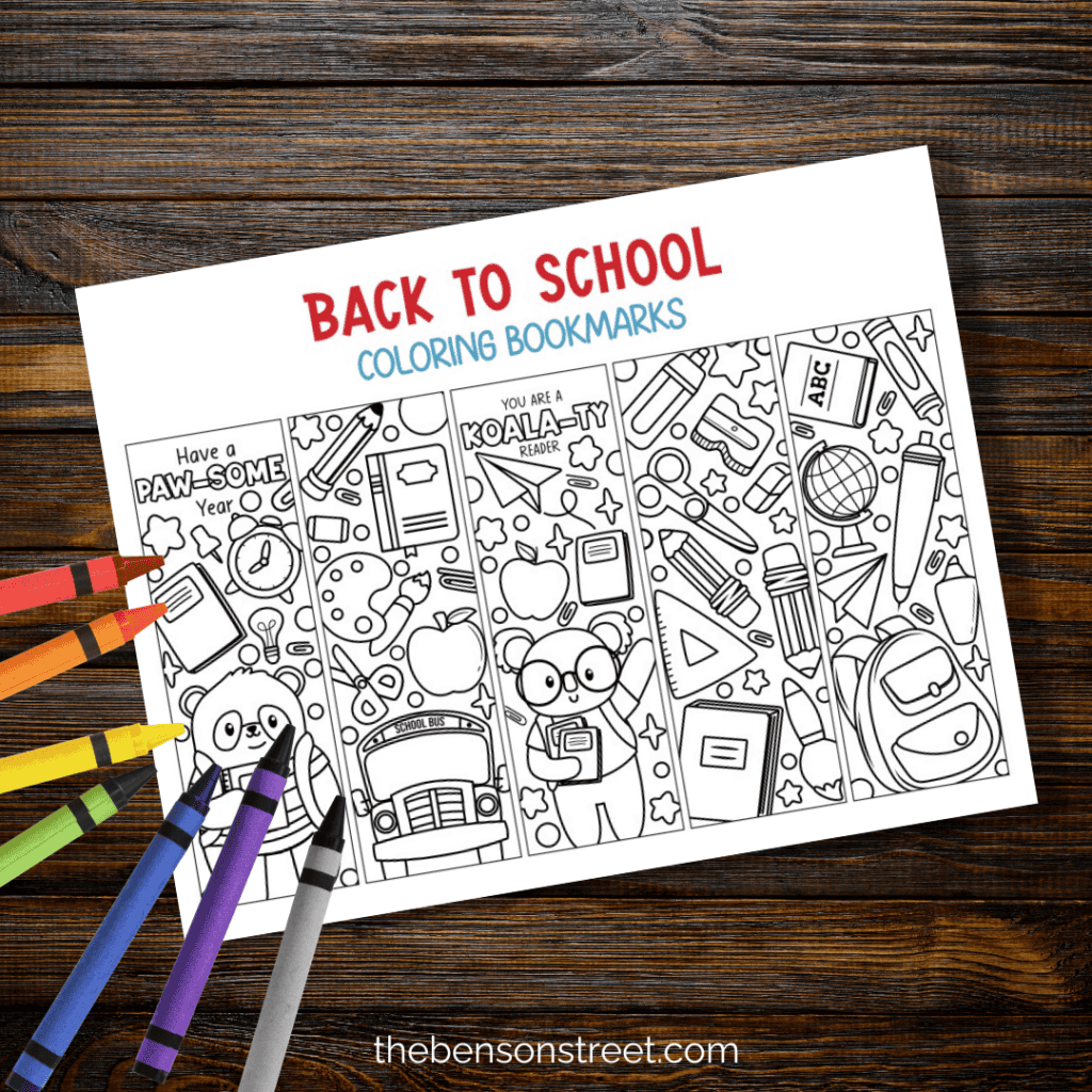 Free Printable Back to School Coloring Bookmarks 5 Designs with crayons around
