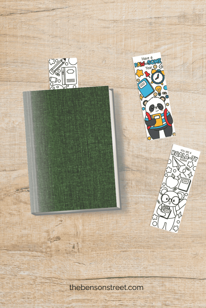 Free Printable bookmarks cut out and in a book and around a book for back to school