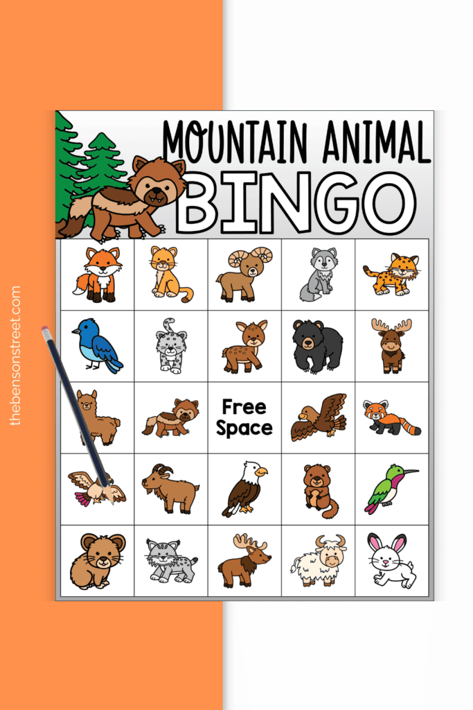 Free Printable mountain animal bingo game board with a pencil on top