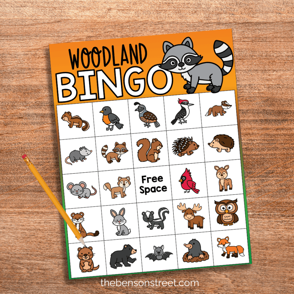 Free to print woodland bingo game board for kids