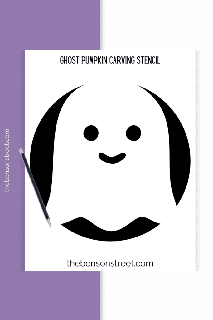Ghost Pumpkin carving template stencil with a pencil on top