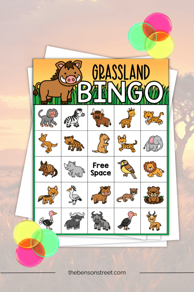 Grassland bingo board with grasslands animals
